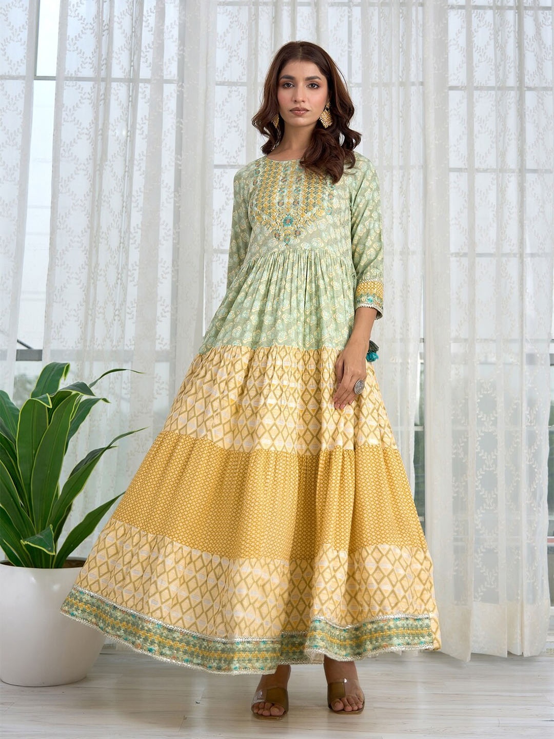 

KALINI Ethnic Motifs Print Maxi Dress, Green