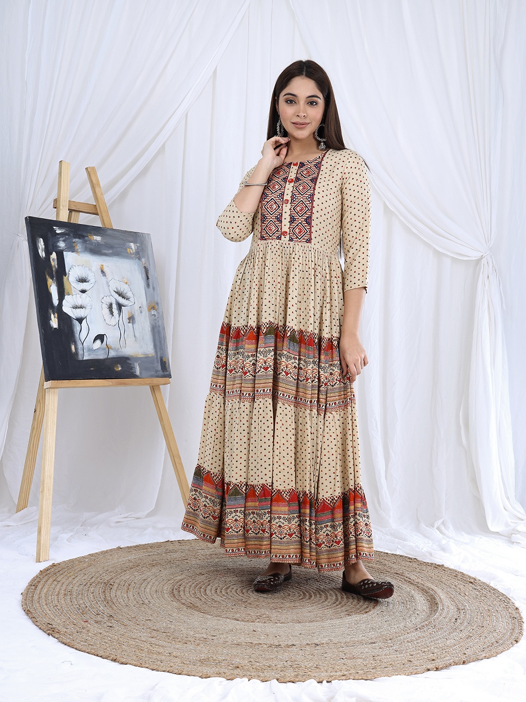 

Nehamta Ethnic Motifs Printed Embroidered Fit & Flare Ethnic Dress, Beige