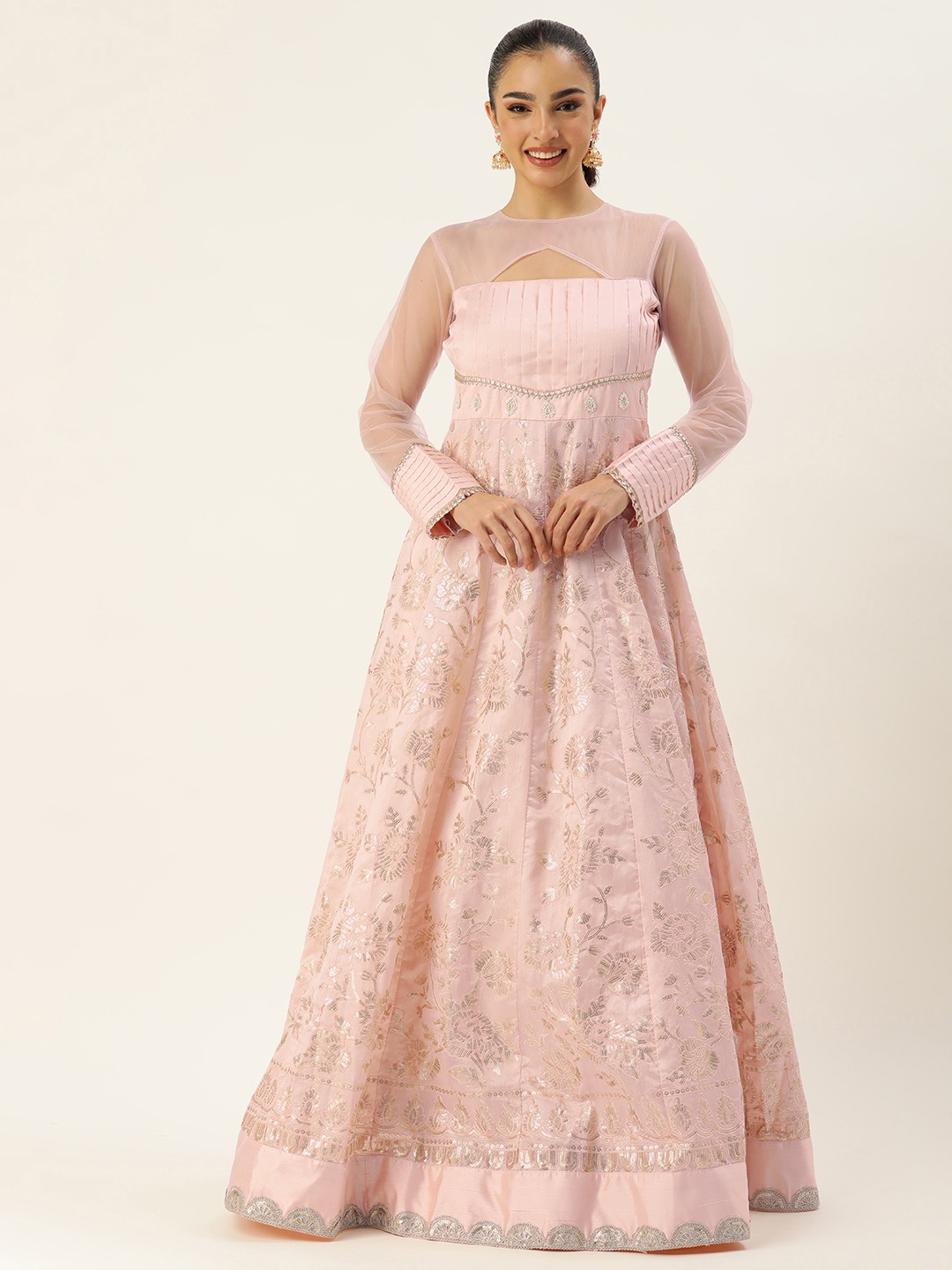 

Ethnovog Floral Embroidered Sequined Gown, Peach