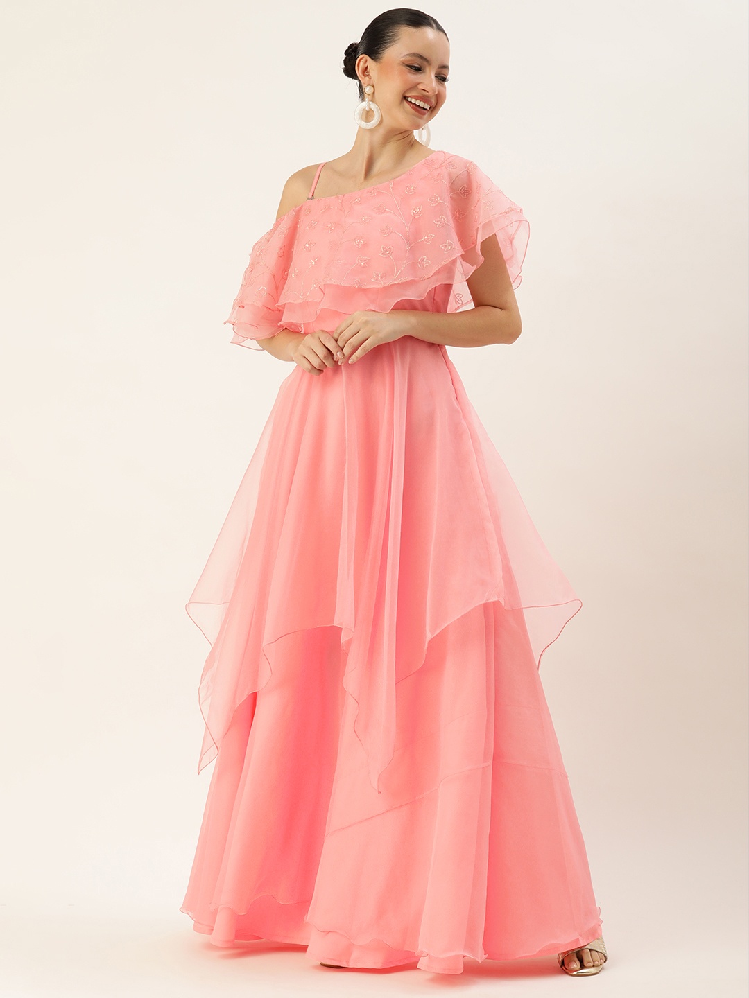 

Ethnovog Floral Embroidered One Shoulder Flared Sleeves Layered Organza Gown, Peach