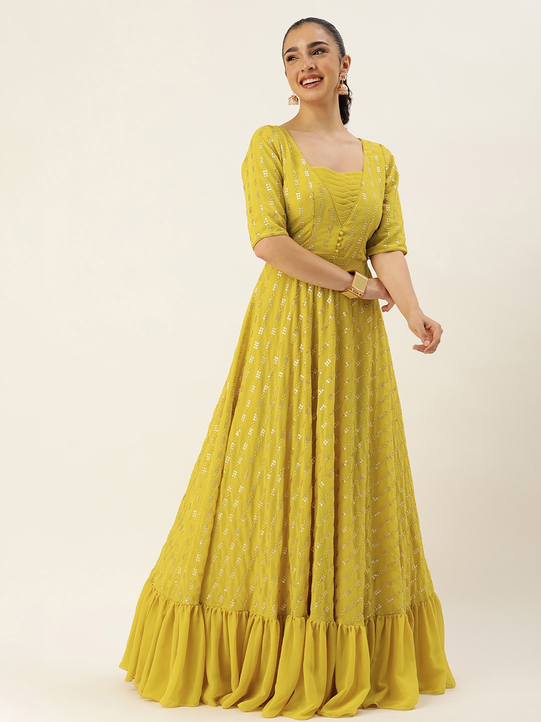 

Ethnovog Embellished Embroidered Sweetheart Neck Tiered Georgette Gown, Mustard