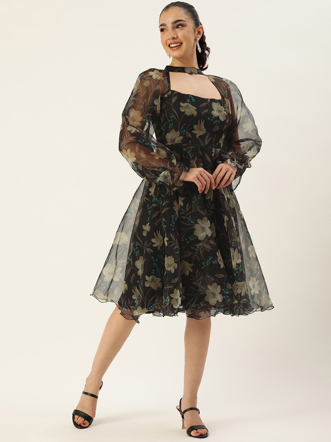 

Ethnovog Floral Print Choker Neck Bishop Sleeves Organza Dress, Black
