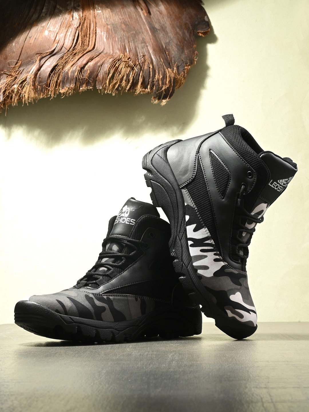 

Leo's Fitness Shoes Men Mid Top Printed Platform Heel Hiking Boots, Black