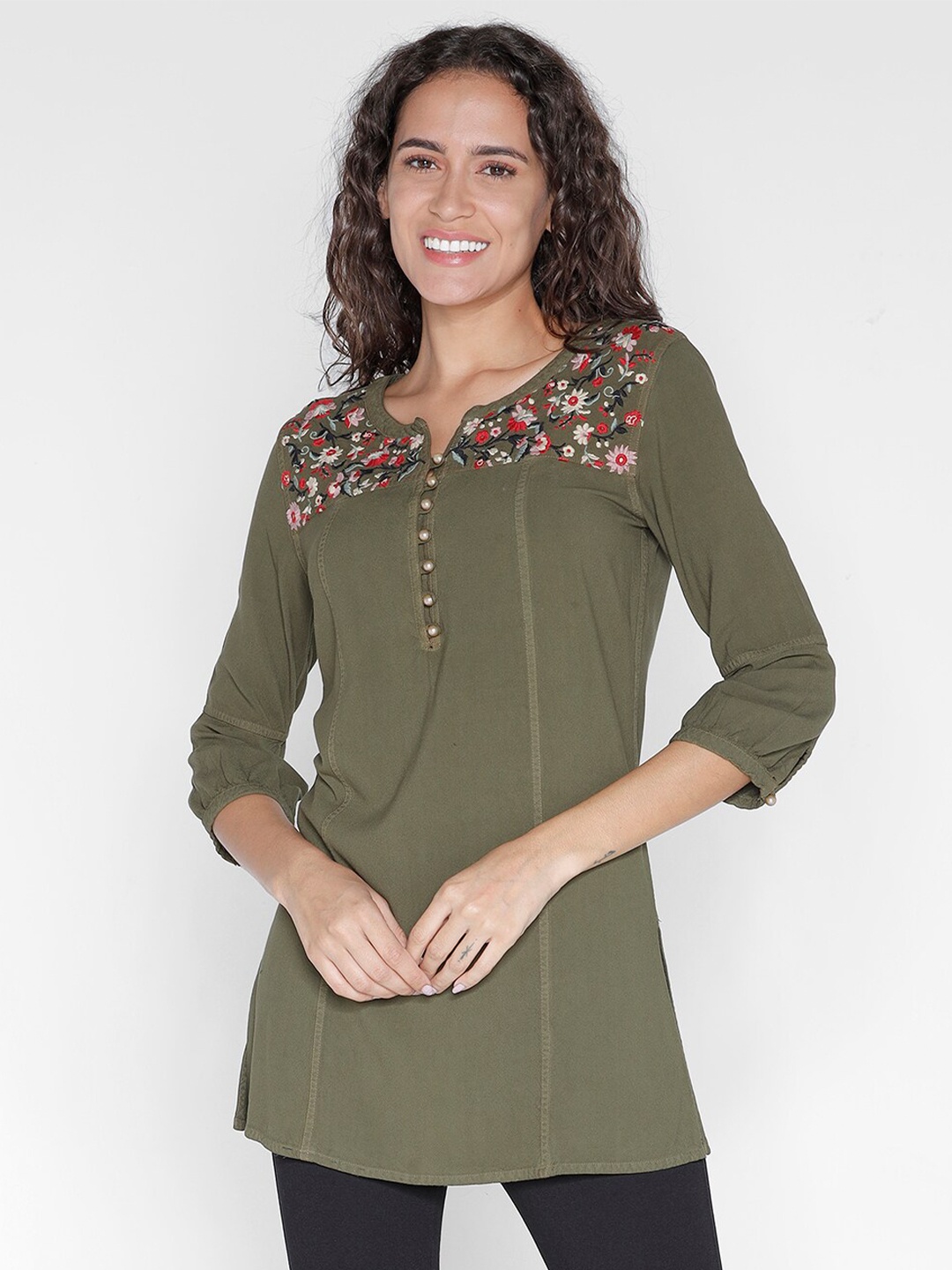 

IDENTITI Round Neck Floral Embroidered Tunic, Olive