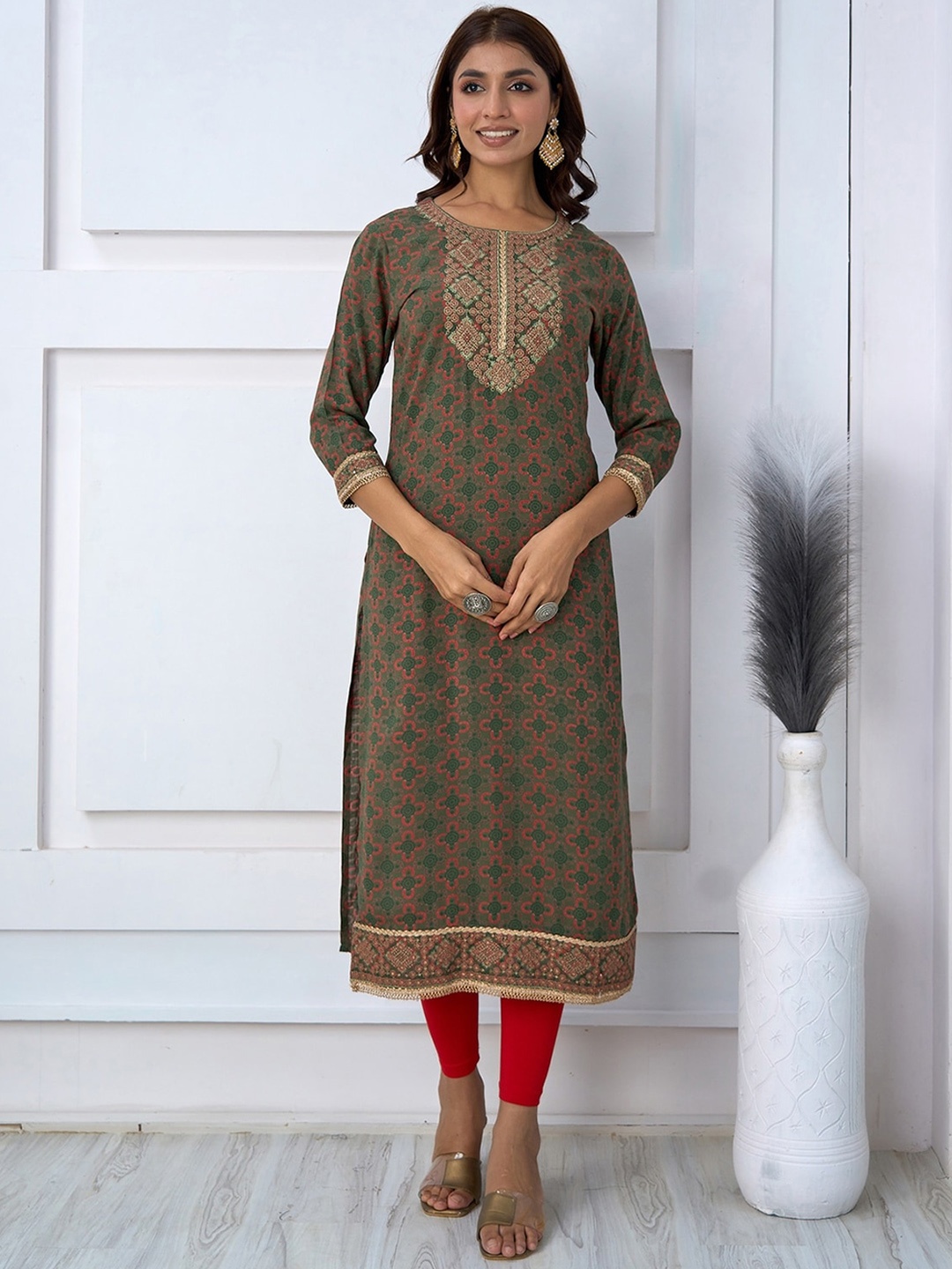 

KALINI Bandhani Printed Thread Work Straight Kurta, Olive