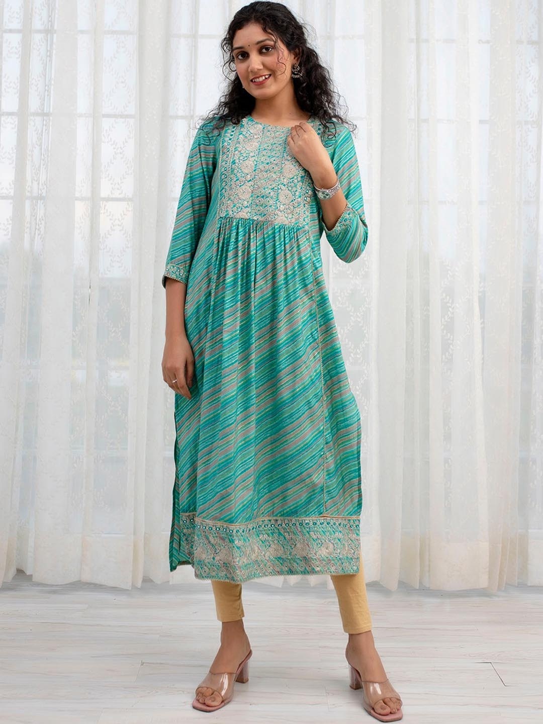 

KALINI Leheriya Printed Thread Work Cotton A-Line Kurta, Turquoise blue
