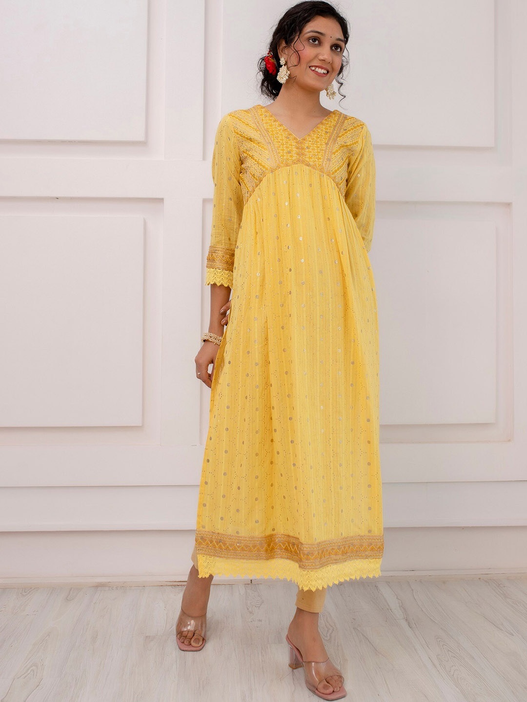 

KALINI Embroidered Sequinned Empire Cotton A-Line Kurta, Yellow