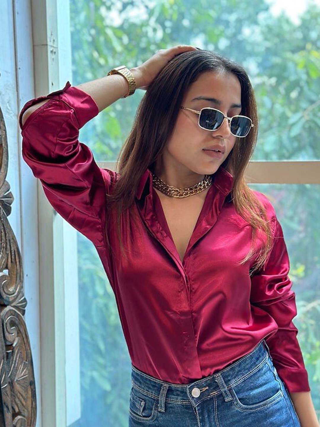 

StyleAsh Spread Collar Regular Fit Satin Casual Shirt, Maroon
