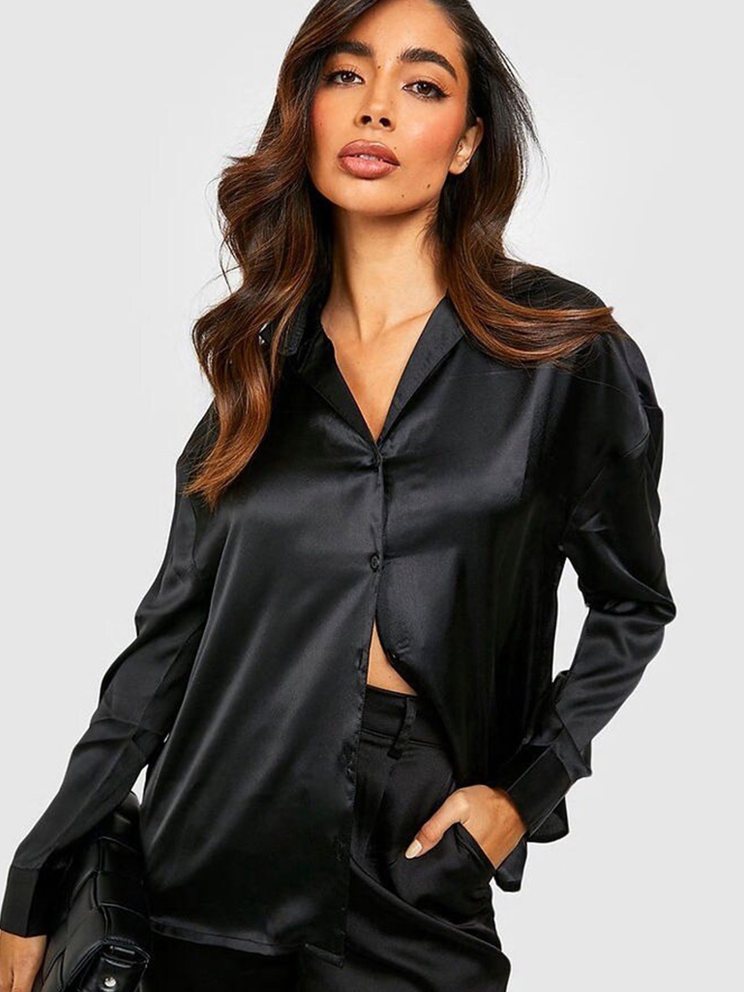

StyleAsh Spraed Collar Opaque Casual Shirt, Black