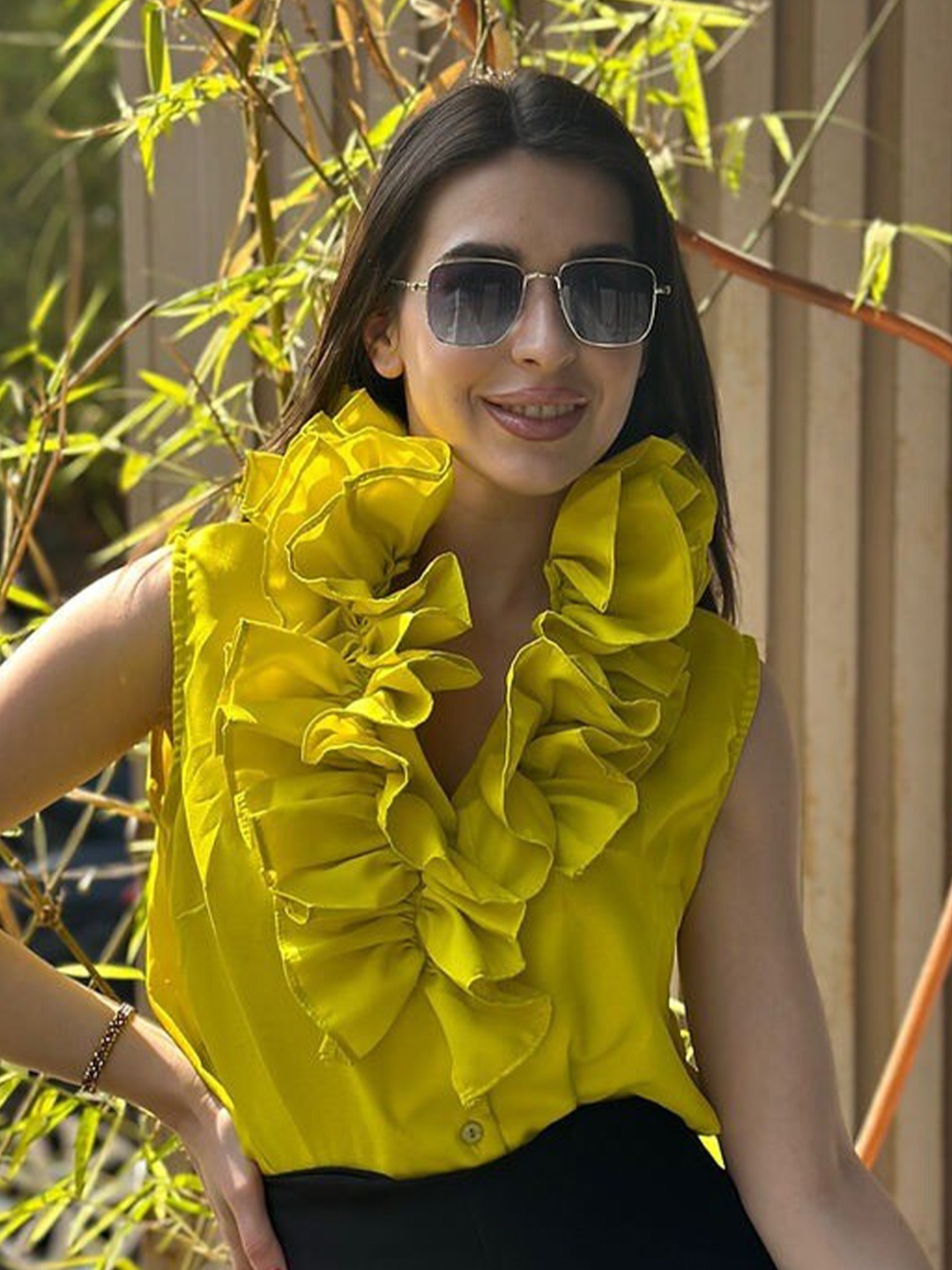 

StyleAsh Ruffles Detail Opaque Casual Shirt, Yellow