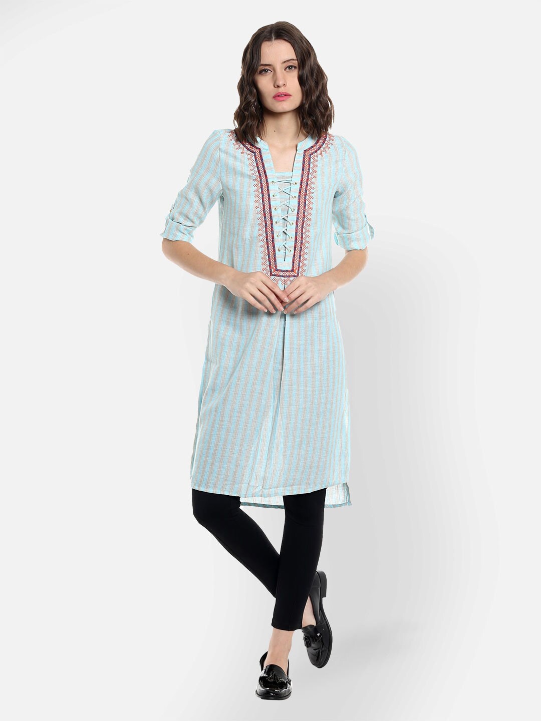 

Fusion Beats Striped Thread Work High Low A-Line Kurta, Blue