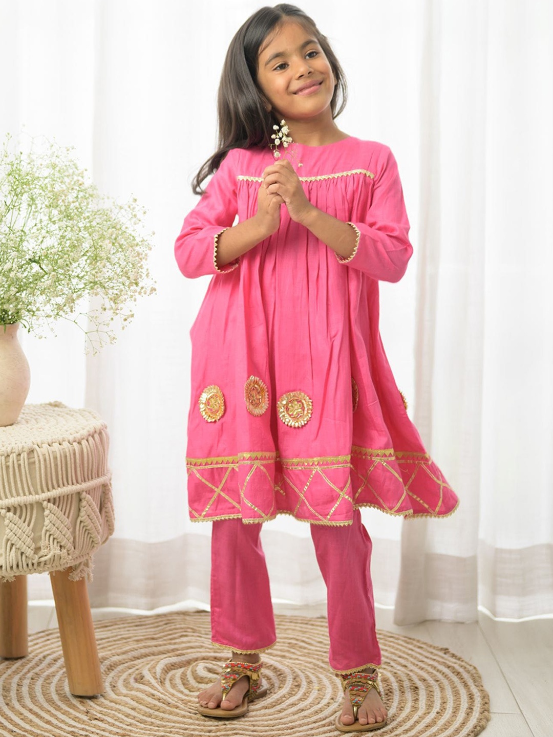 

Fairies Forever Girls Ethnic Motifs Embellished Regular Pure Cotton Kurta With Dhoti Pants, Pink