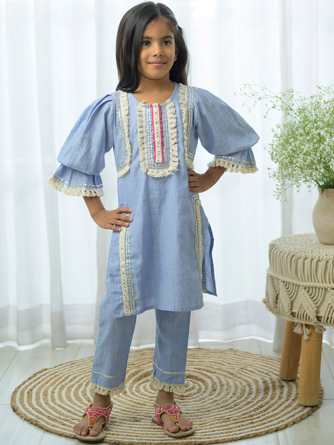 

Fairies Forever Girls Self Design Puffed Sleeve Pure Cotton Kurta With Dhoti Pants, Blue