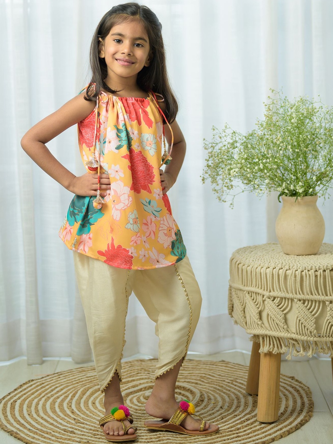 

Fairies Forever Girls Floral Printed A-Line Kurta With Dhoti Pants, Peach