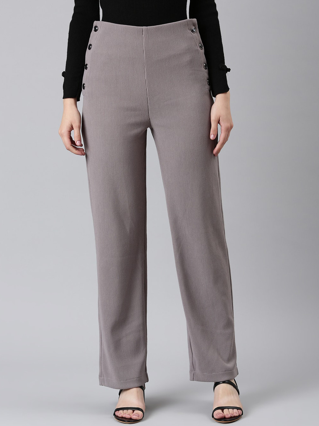 

SHOWOFF Women Striped Straight Fit High-Rise Trousers, Grey