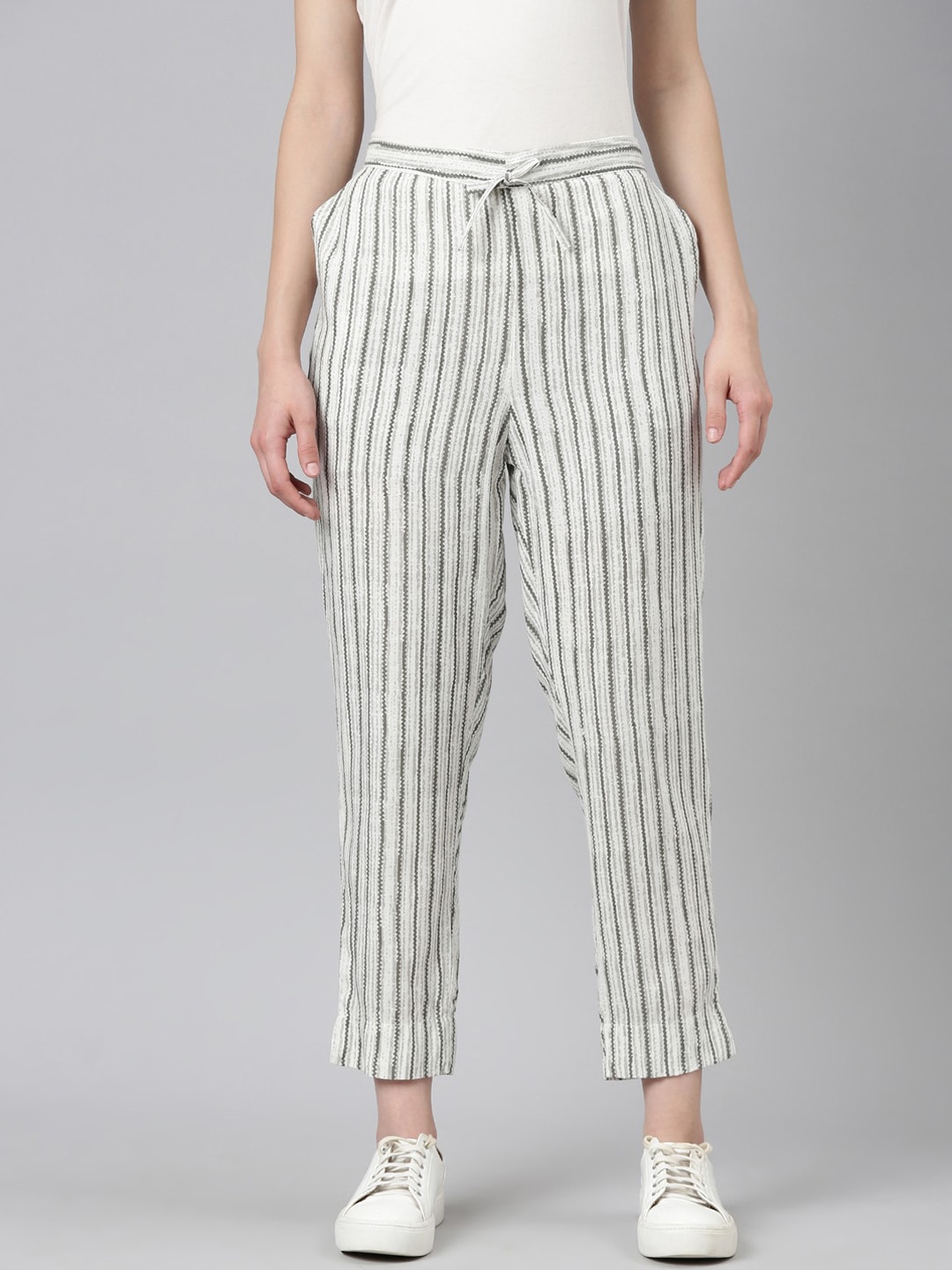 

SHOWOFF Women Striped High-Rise Cotton Trousers, White