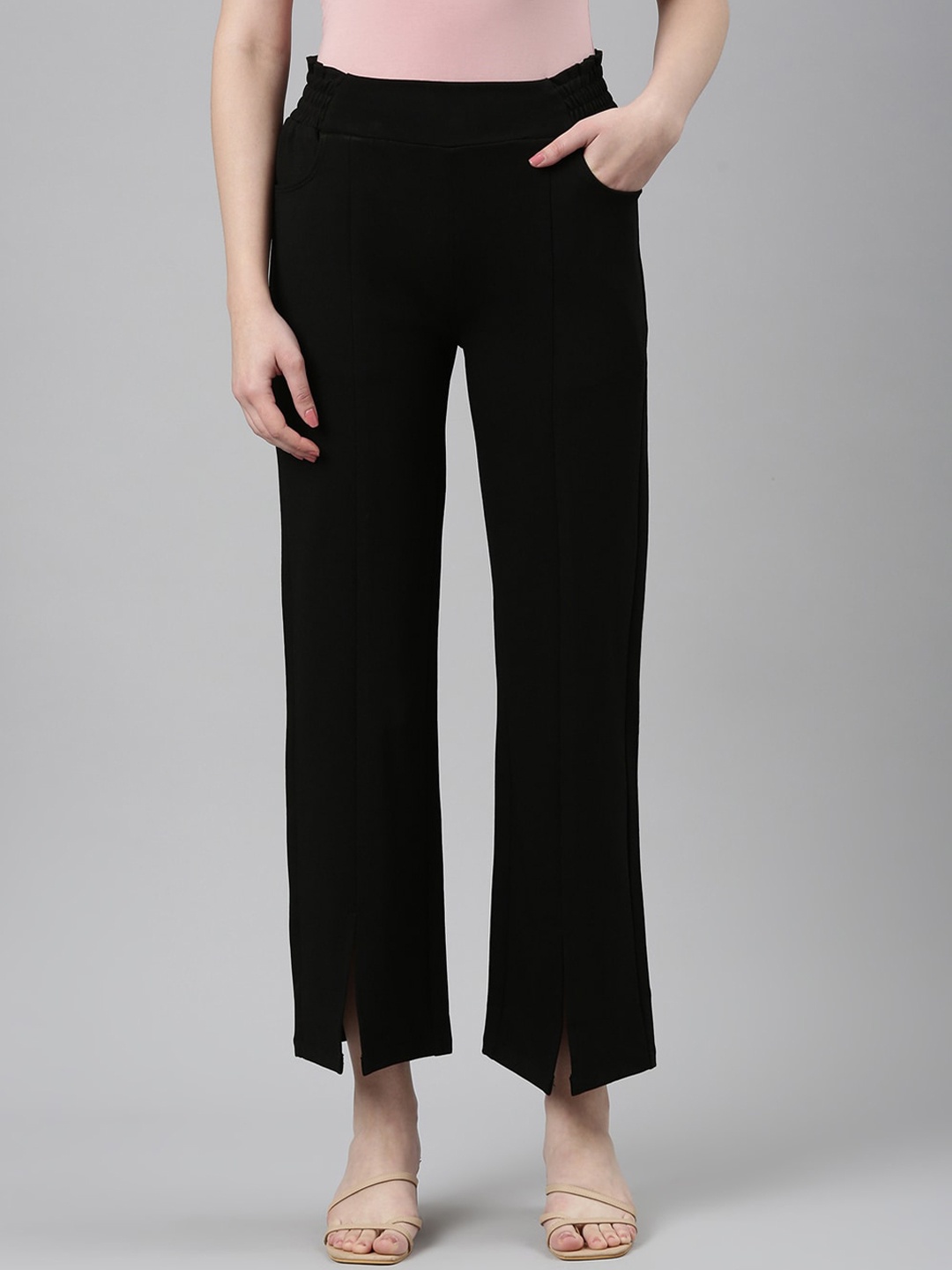 SHOWOFF Women Black Straight Fit High-Rise Lycra Parallel Trousers