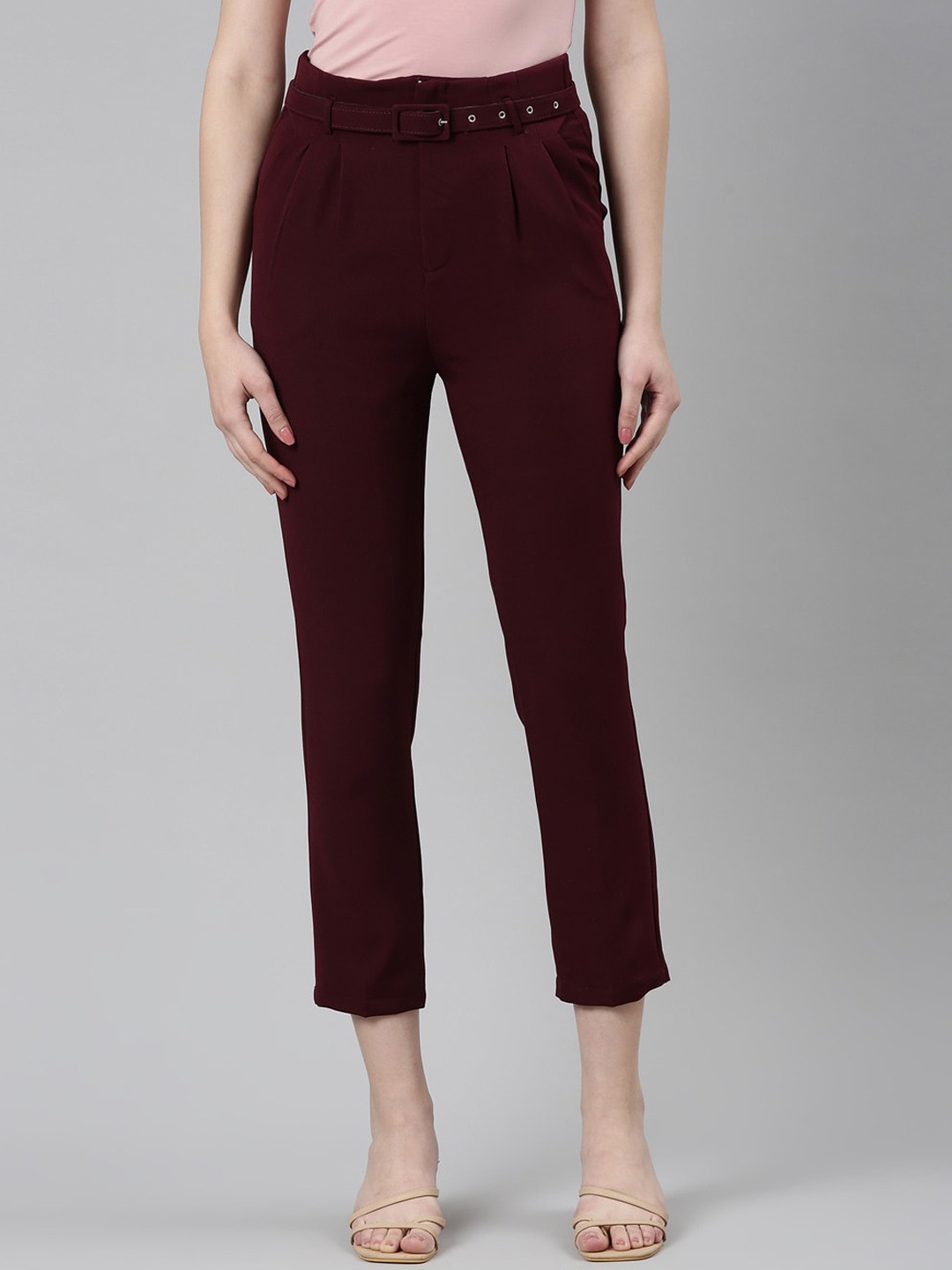 

SHOWOFF Women High-Rise Pleated Trousers, Burgundy