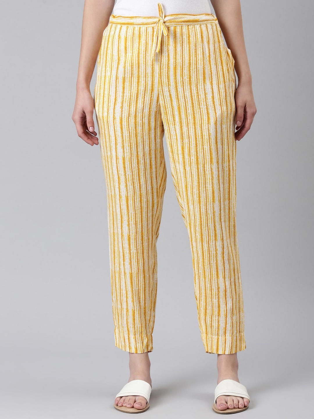 

SHOWOFF Women Striped High-Rise Cotton Trousers, White