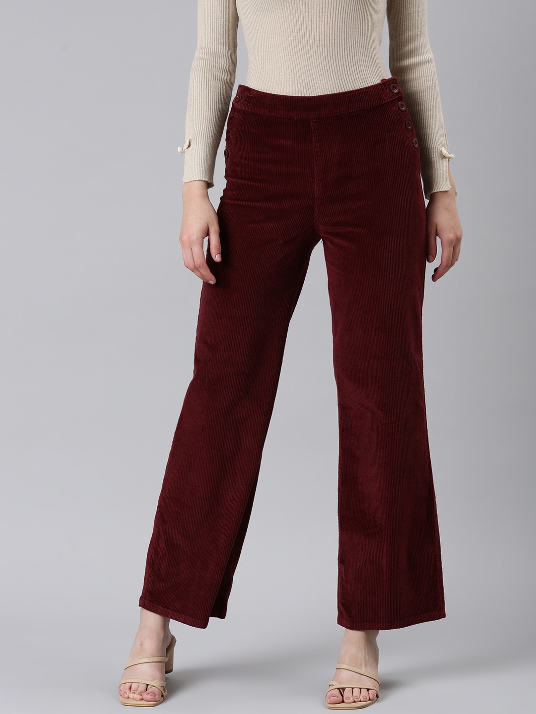 

SHOWOFF Women Straight Fit High-Rise Trousers, Burgundy