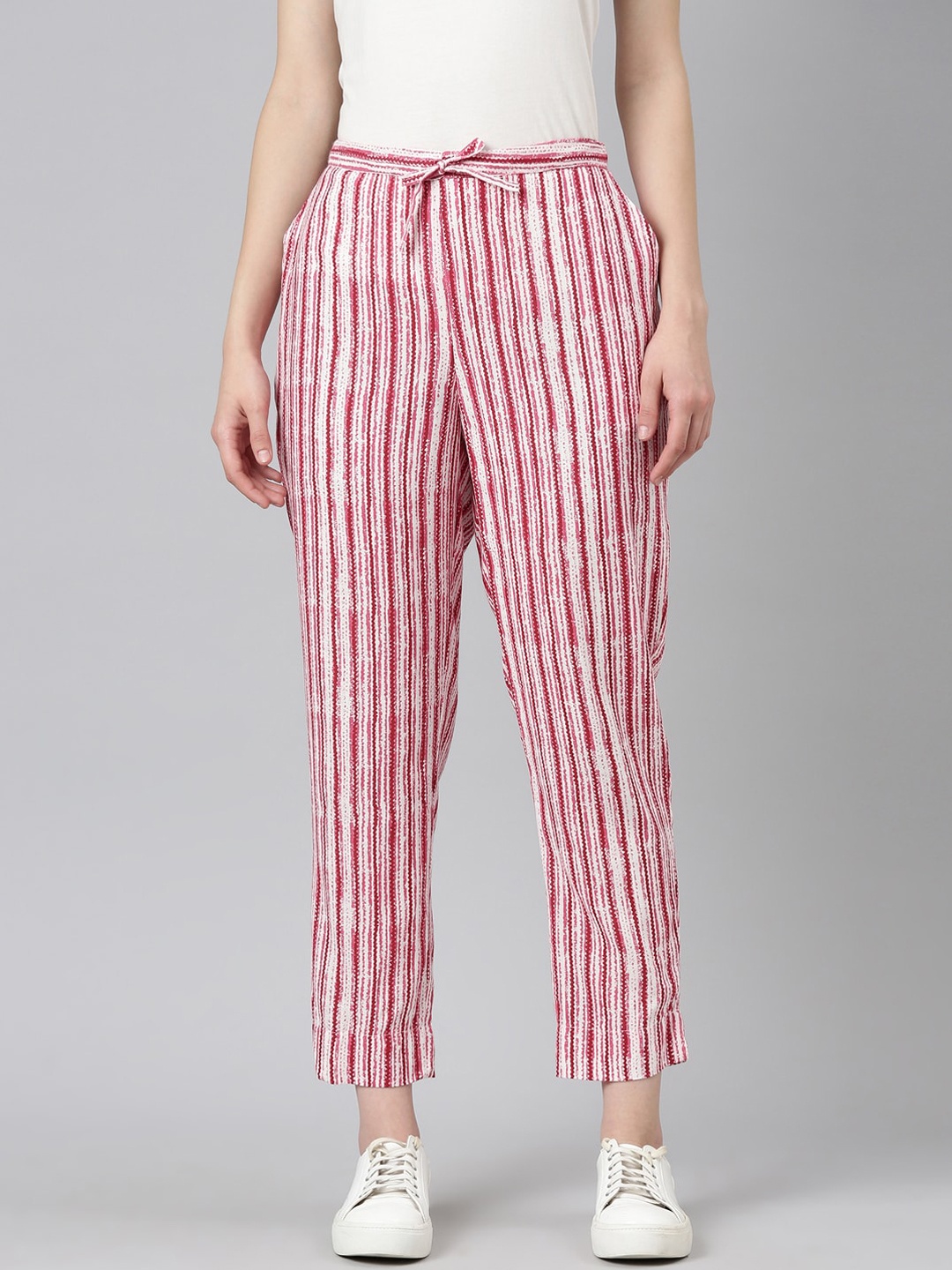 

SHOWOFF Women Striped High-Rise Cotton Trousers, White