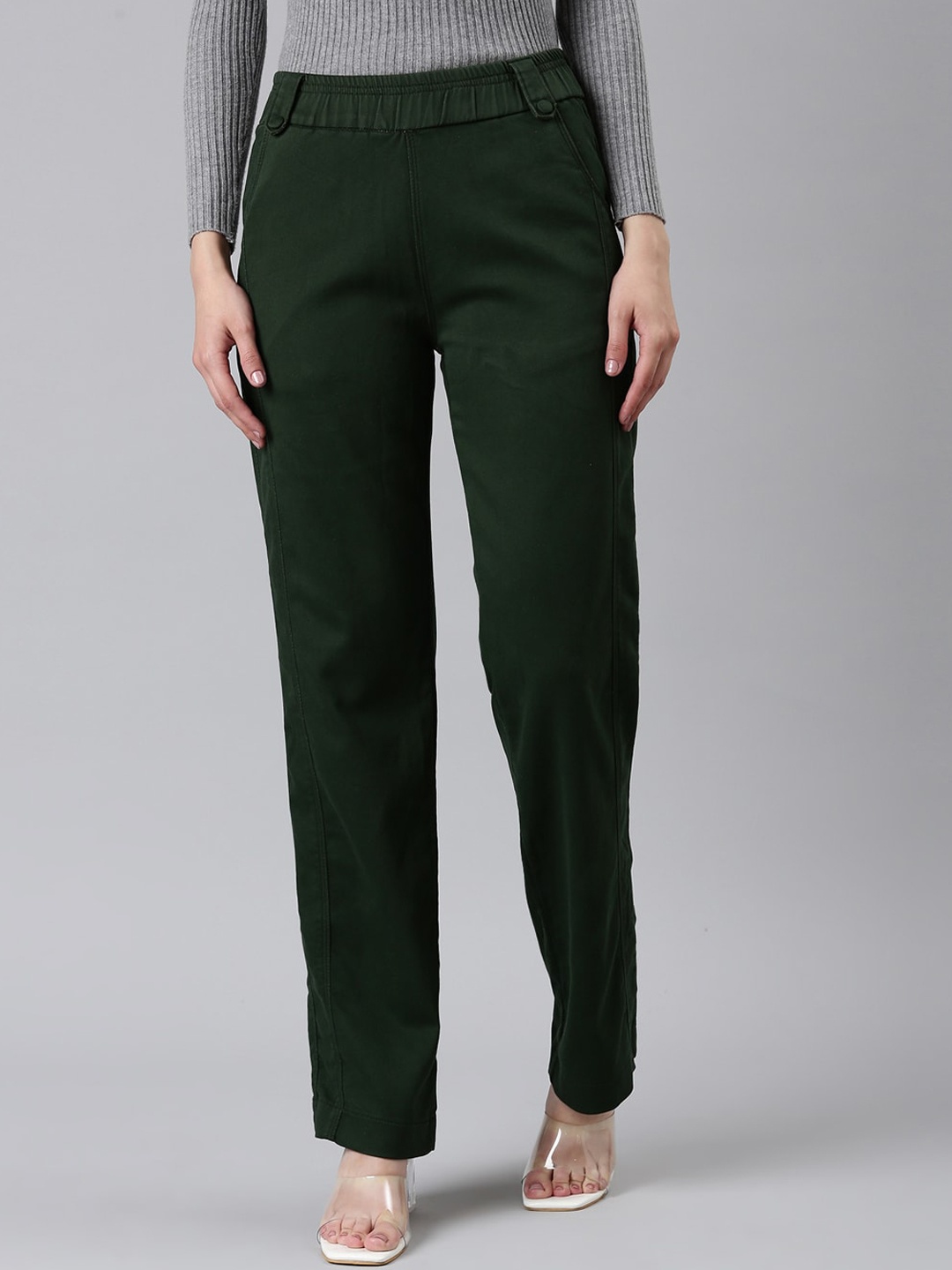 

SHOWOFF Women Straight Fit High-Rise Trousers, Olive