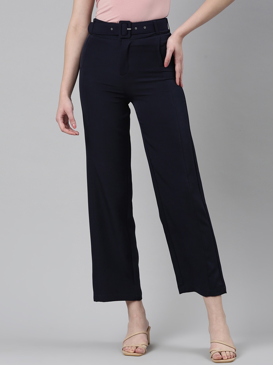 

SHOWOFF Women Straight Fit High-Rise Trousers, Navy blue
