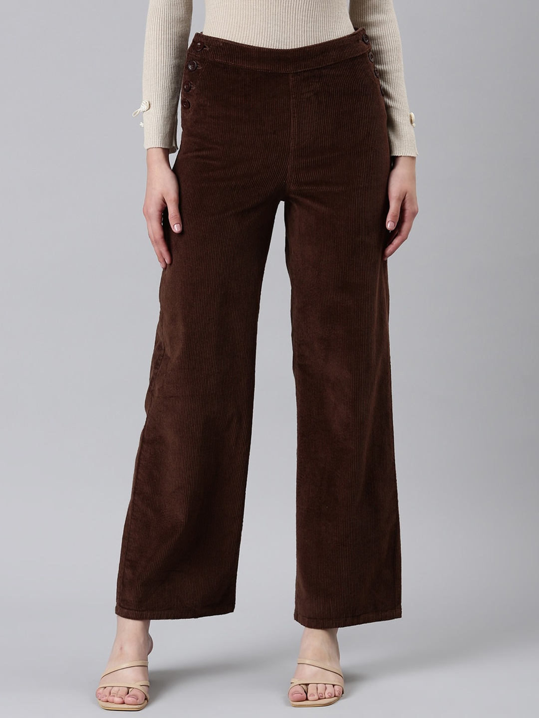 

SHOWOFF Women Coffee Brown Straight Fit High-Rise Cropped Cotton Parallel Trousers
