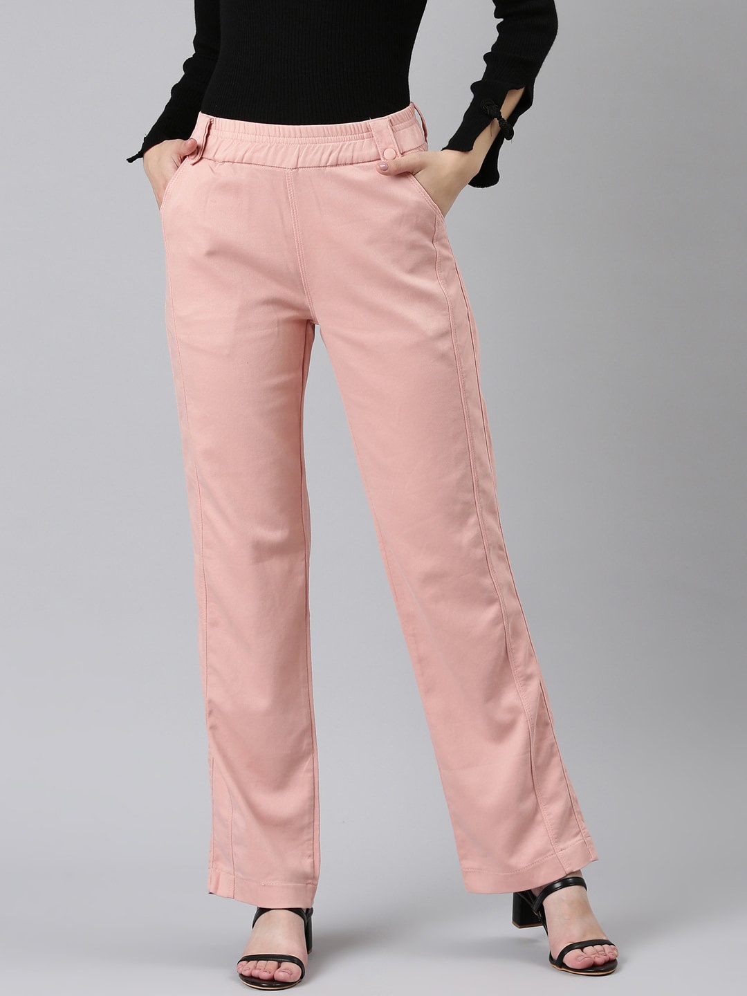 

SHOWOFF Women Straight Fit High-Rise Trousers, Peach