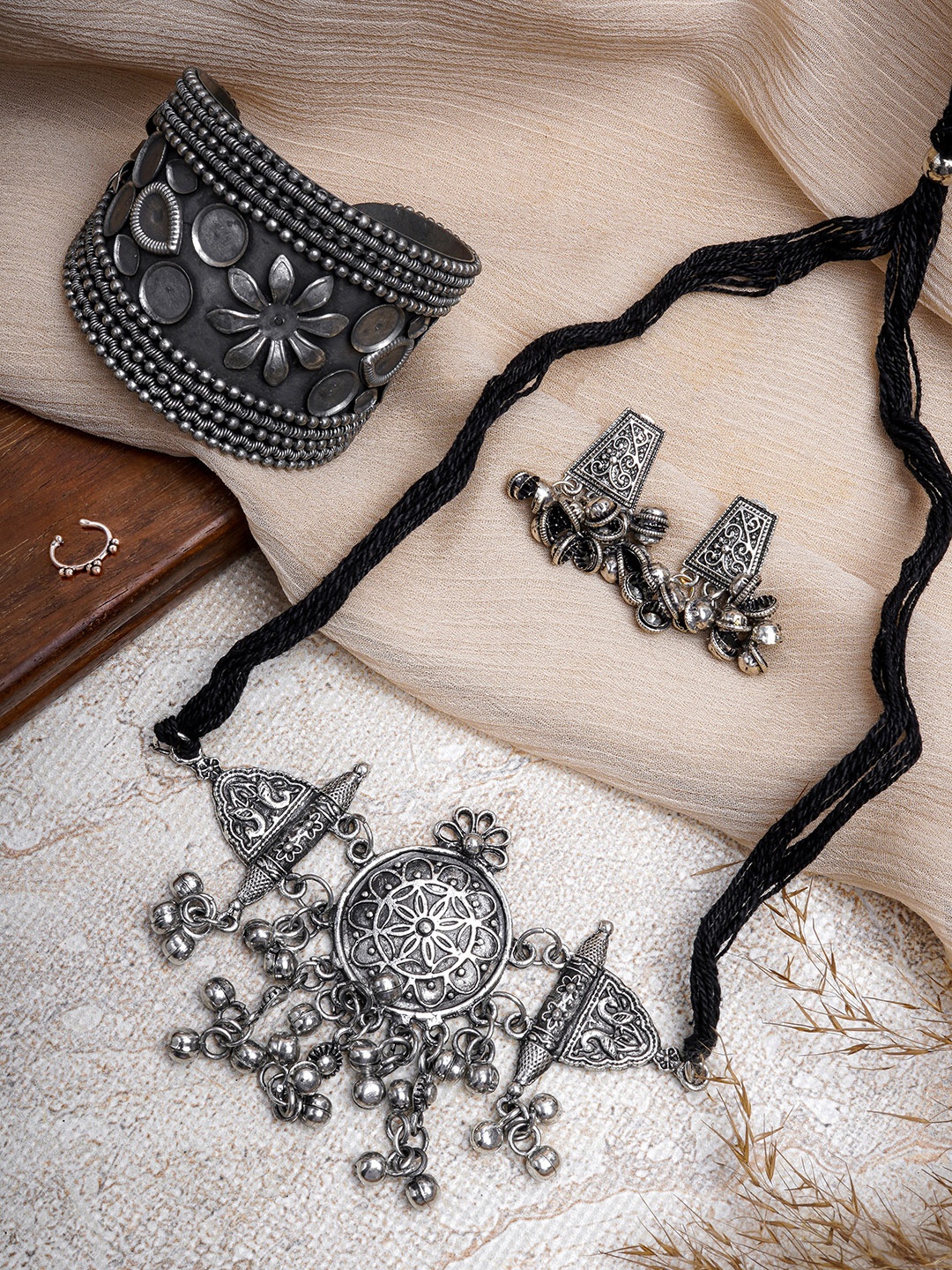 

TEEJH Silver-Plated Oxidised Necklace Set With Nosering & Bracelet