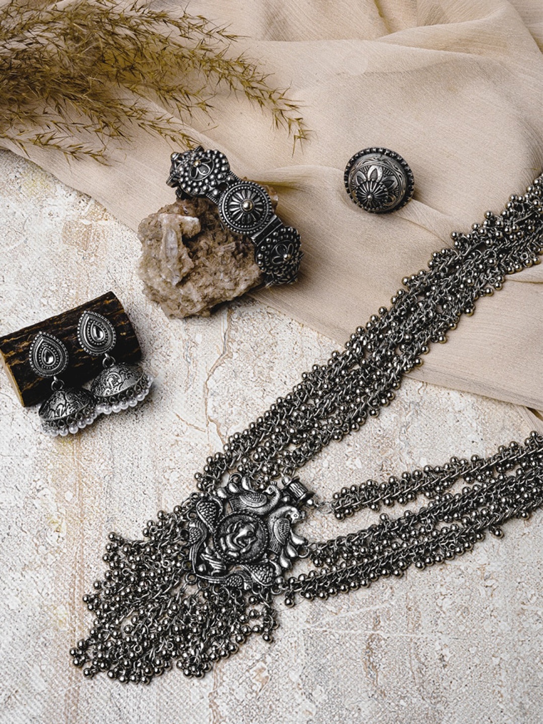 

TEEJH Oxidized Silver-Plated Stone-Studded & Beaded Jewellery Set