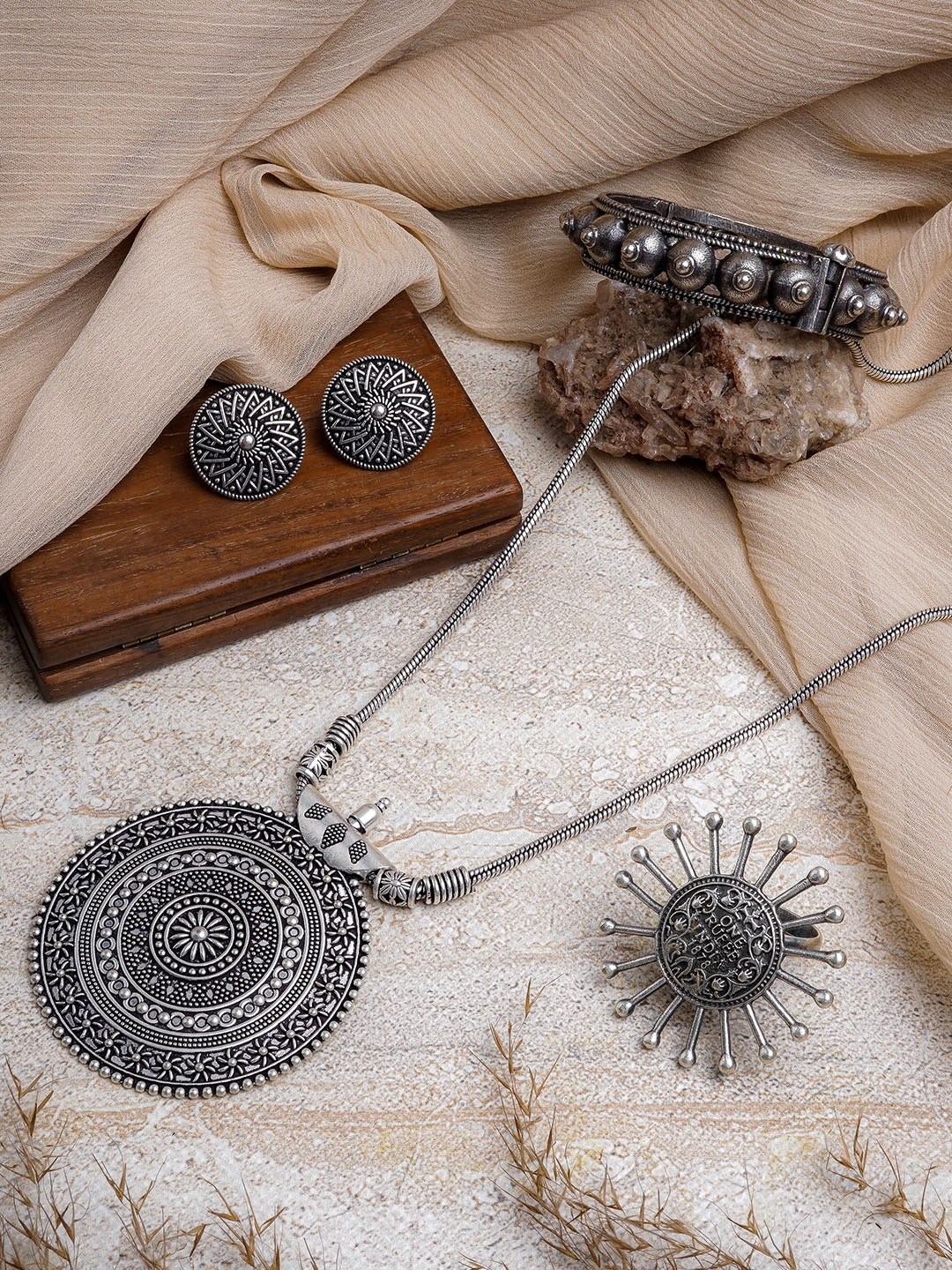 

TEEJH Silver-Plated Oxidised Jewellery Set