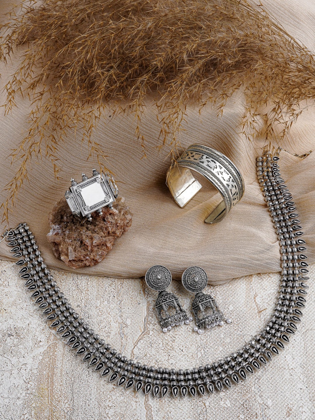 

TEEJH Oxidized Silver-Plated Stone-Studded & Beaded Jewellery Set