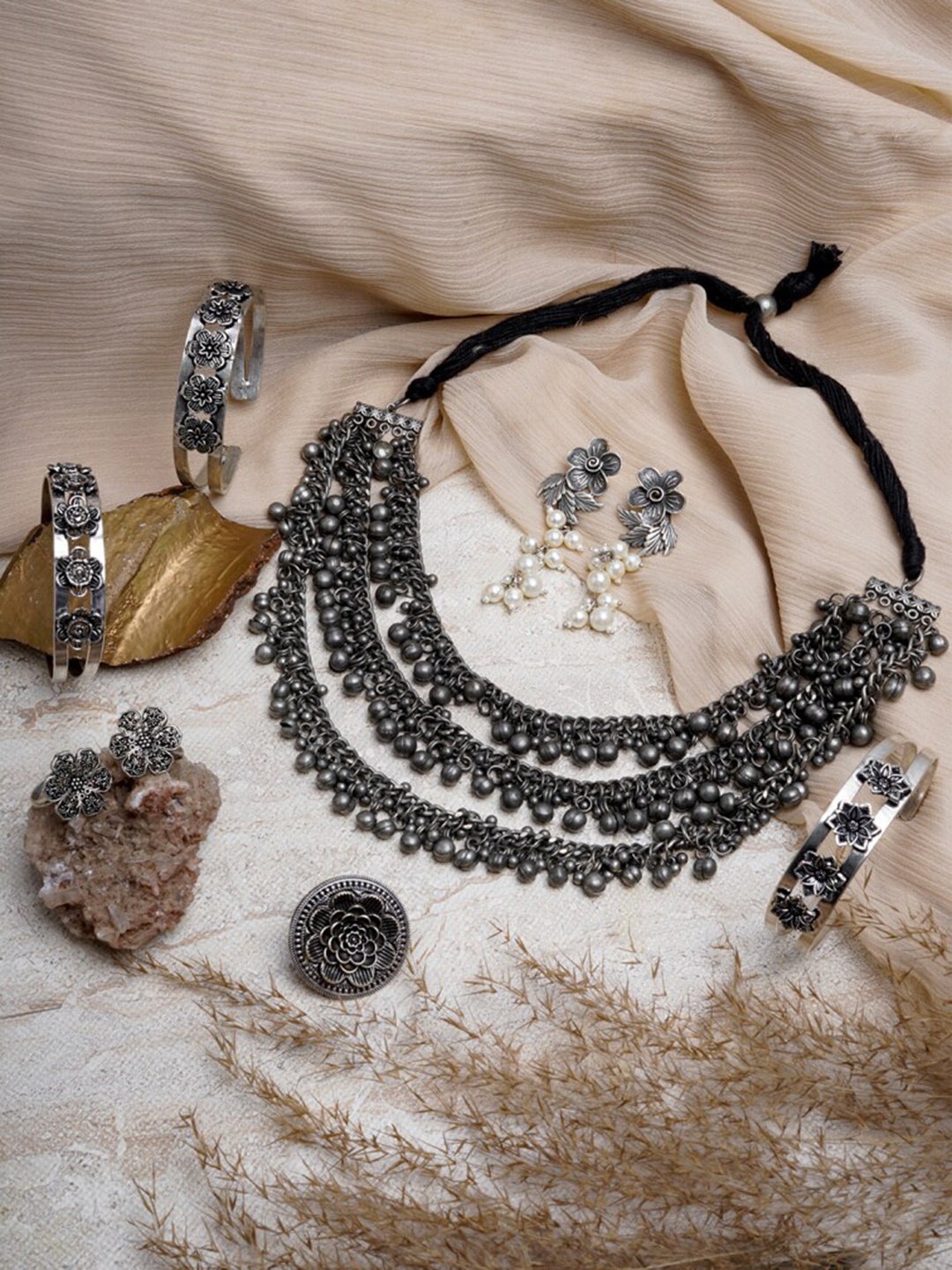 

TEEJH Silver-Plated Oxidised Jewellery Set