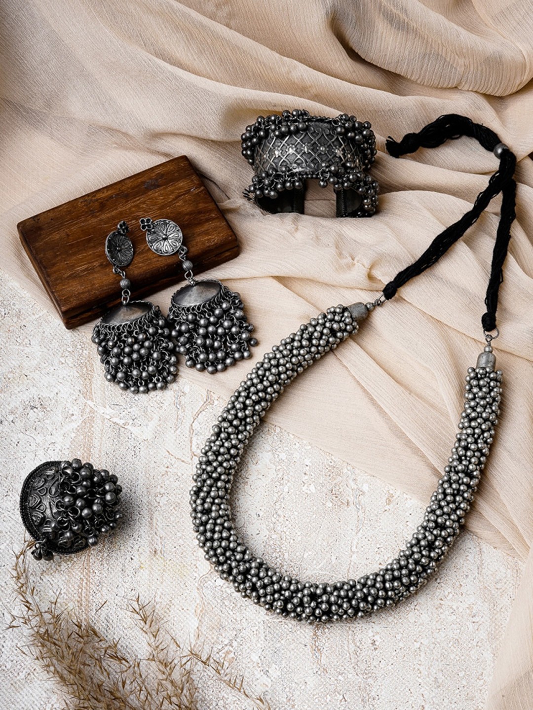 TEEJH Oxidized Silver-Plated Stone-Studded & Beaded Jewellery Set