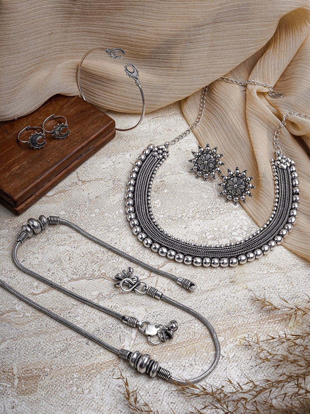 

TEEJH Silver-Plated Oxidised Jewellery Set