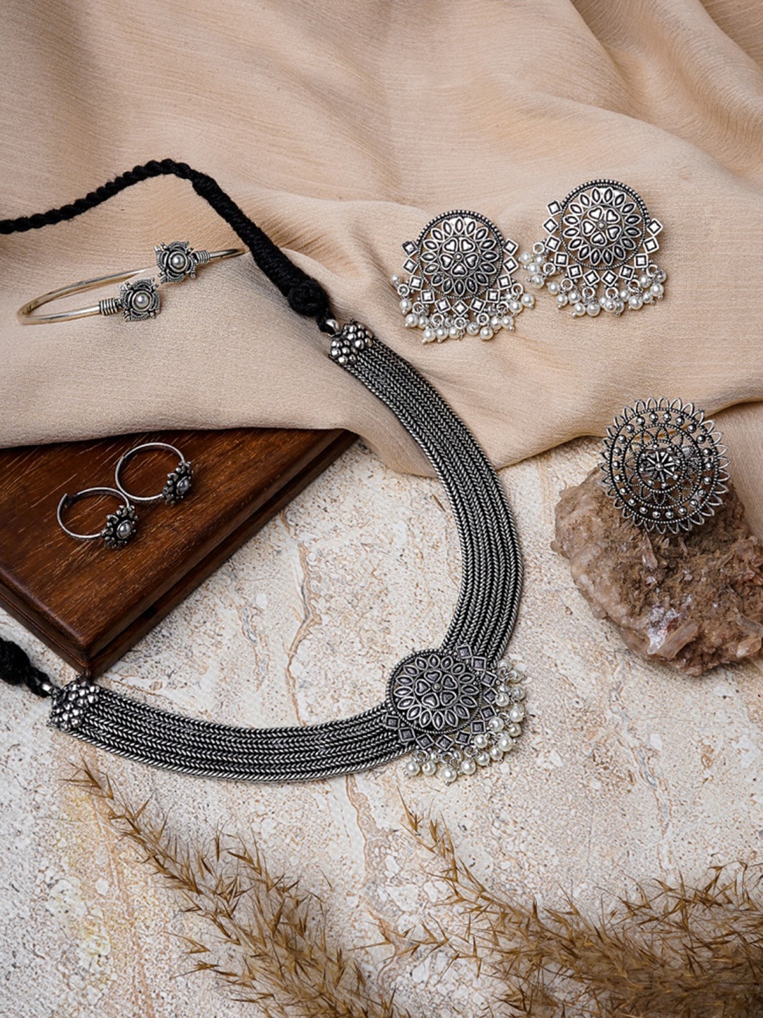 TEEJH Silver-Plated Oxidised Jewellery Set