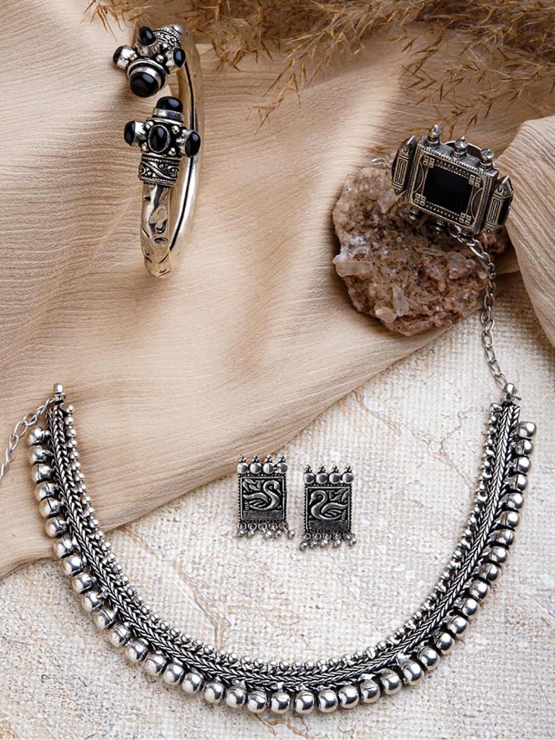 

TEEJH Silver-Plated Oxidized Jewellery Set