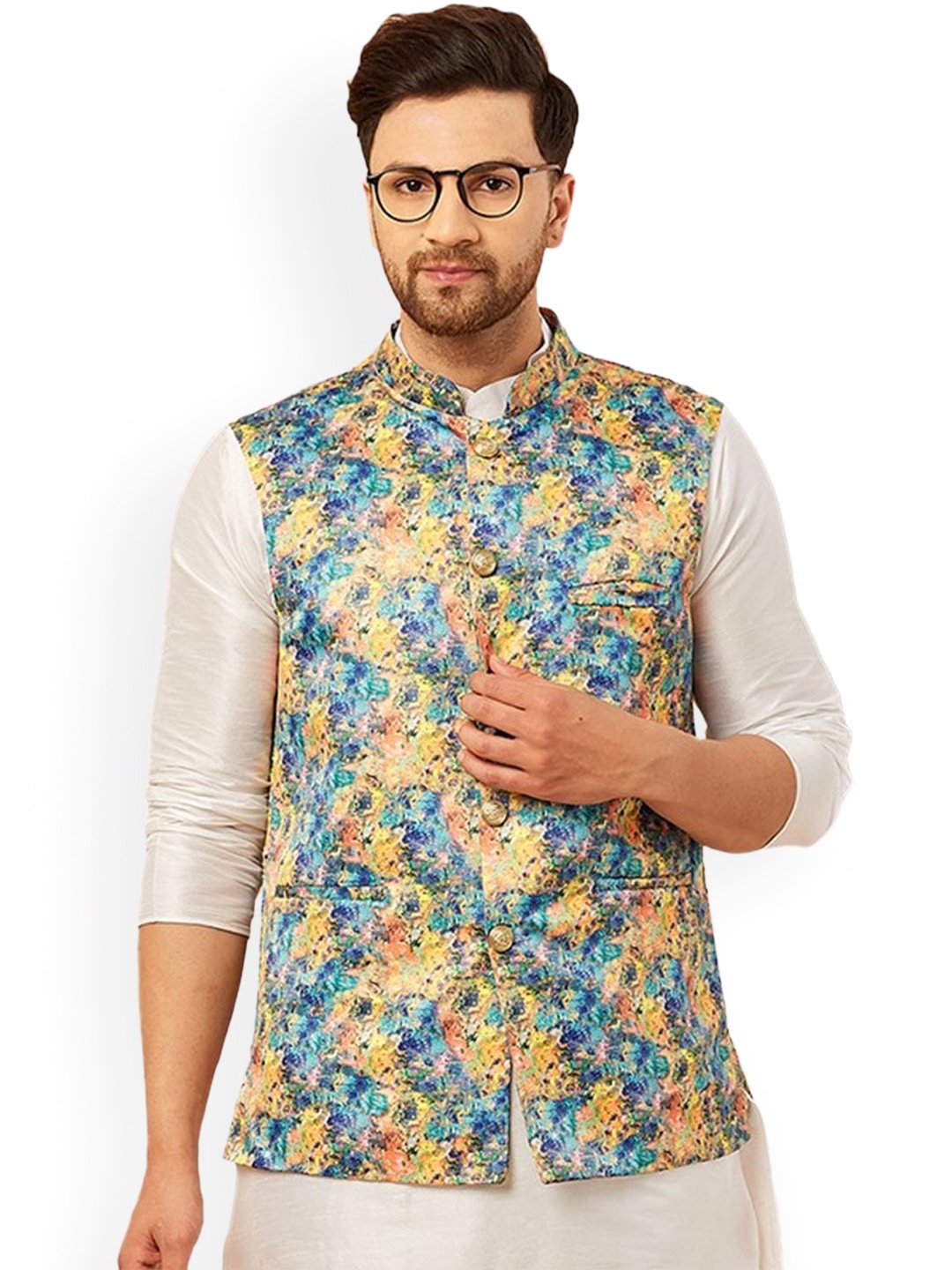 

Armaan Ethnic Printed Nehru Jackets, Yellow