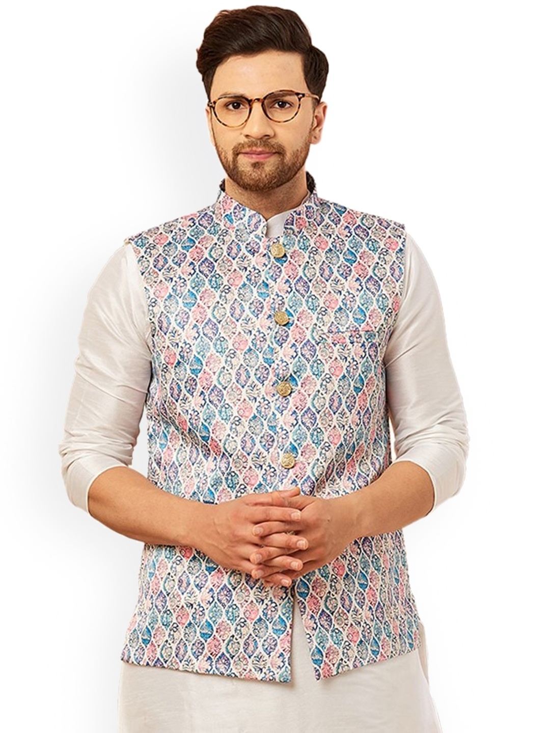 

Armaan Ethnic Mandarin Collar Ethnic Motifs Printed Nehru Jacket, White
