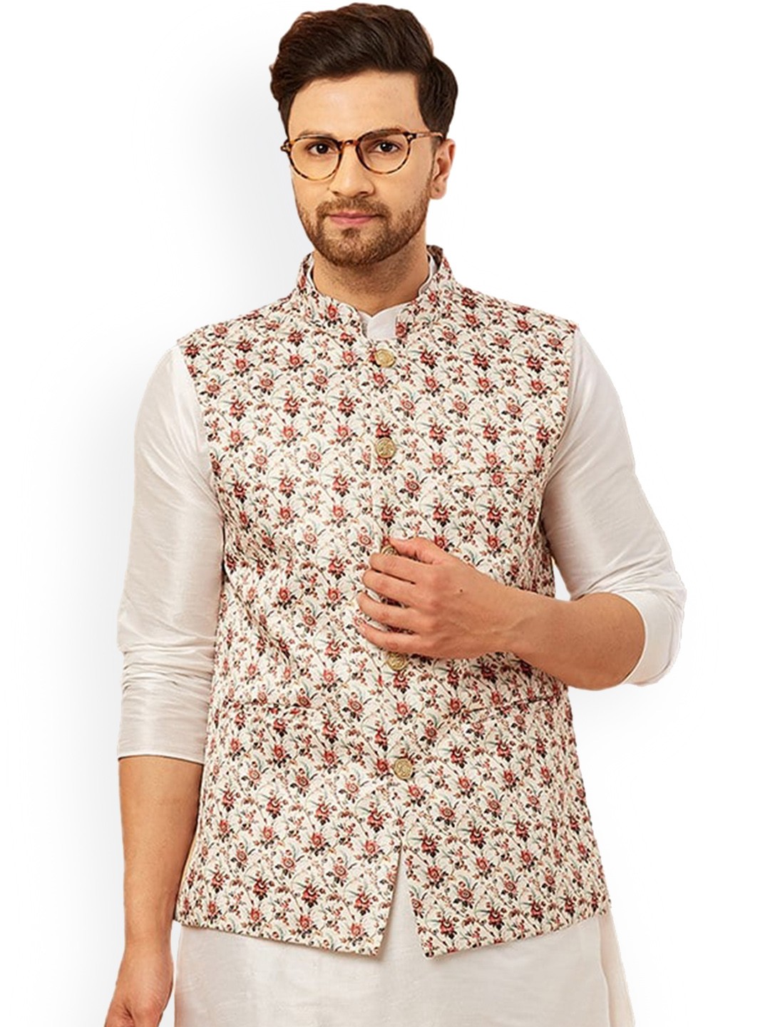 

Armaan Ethnic Mandarin Collar Ethnic Motifs Printed Satin Nehru Jacket, Beige