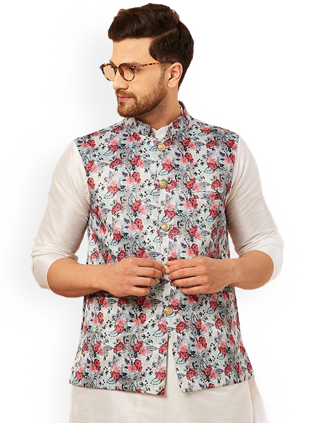 

Armaan Ethnic Mandarin Collar Floral Printed Satin Nehru Jacket, Grey