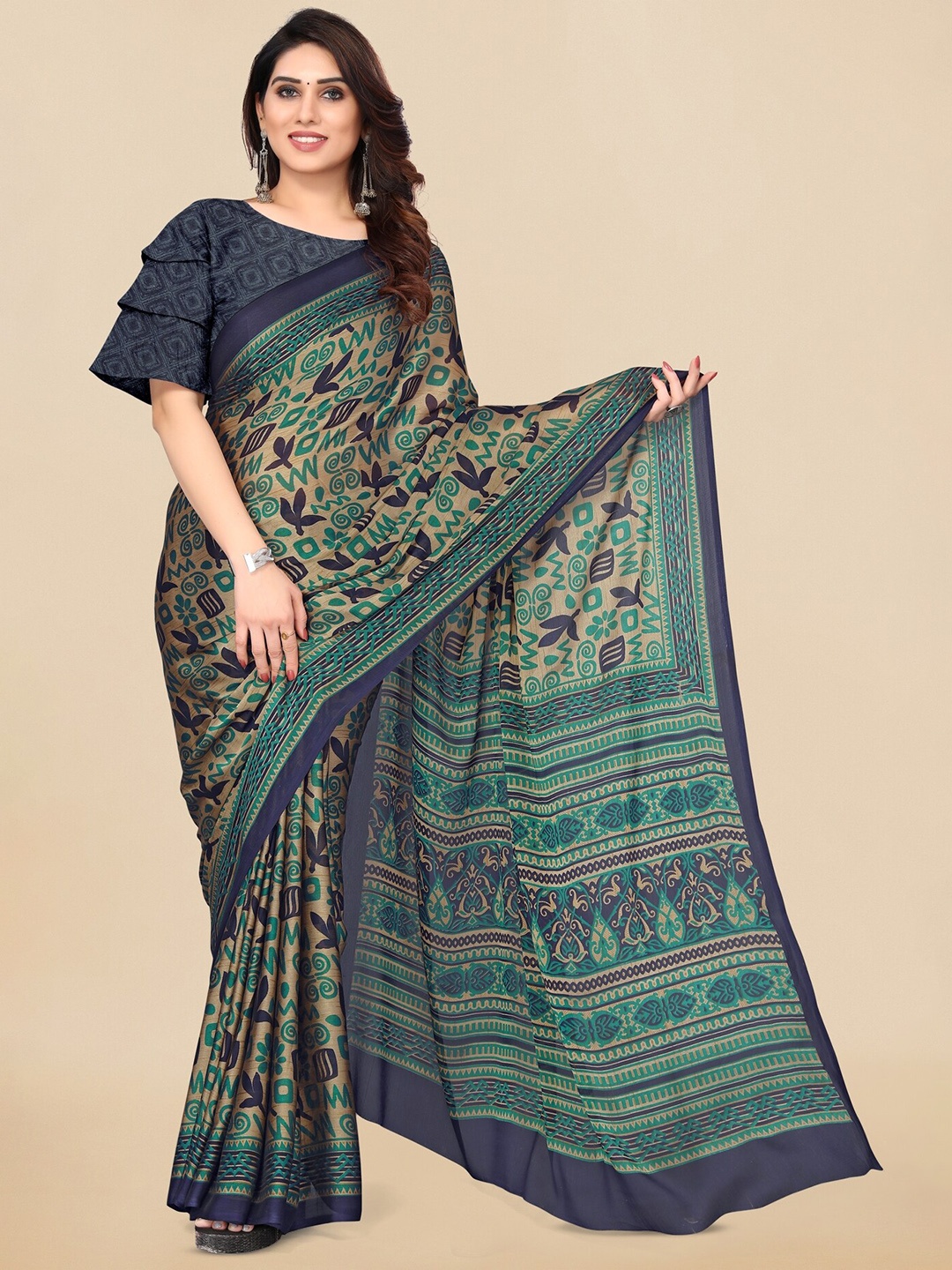 

KALINI Ethnic Motifs Printed Saree, Navy blue