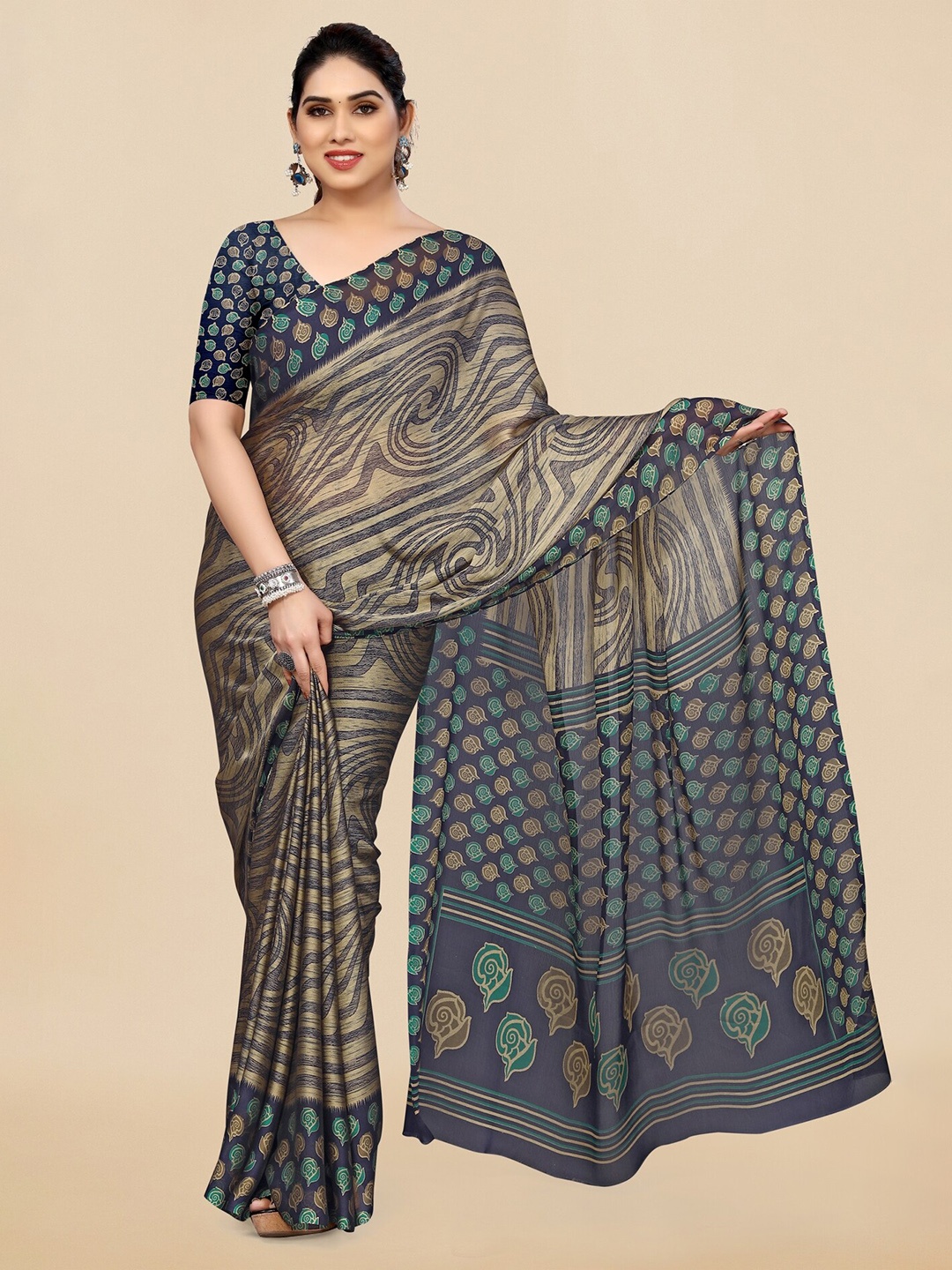 

KALINI Floral Printed Saree, Navy blue