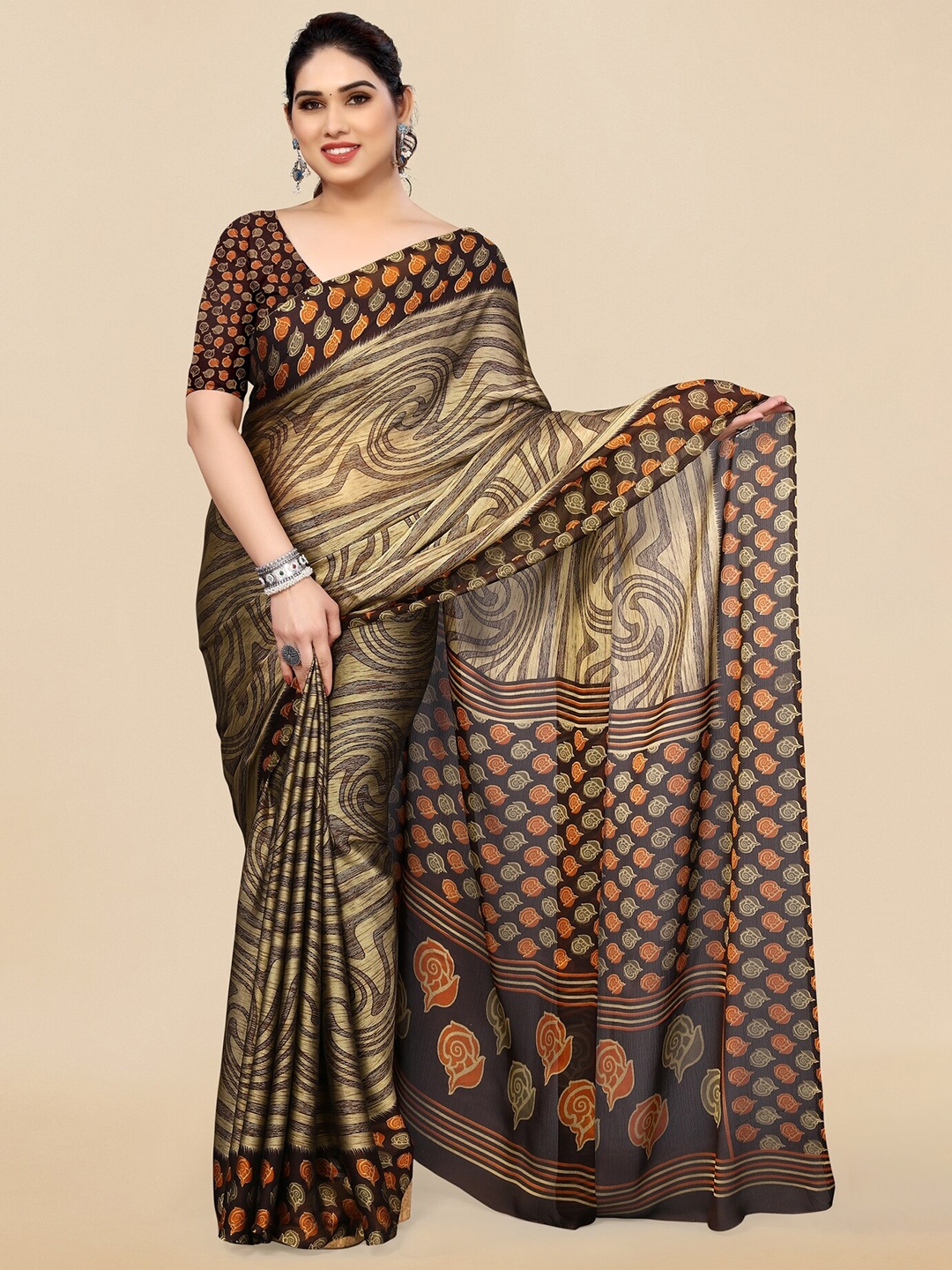 

KALINI Floral Printed Saree, Brown