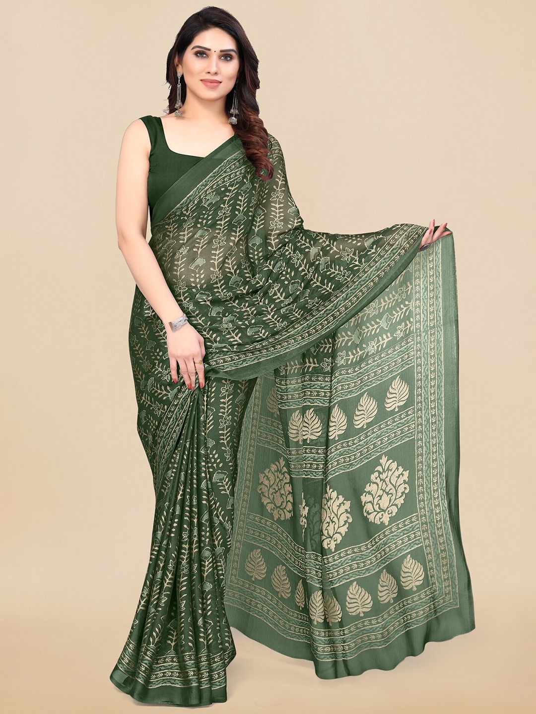 

KALINI Floral Printed Block Print Saree, Green