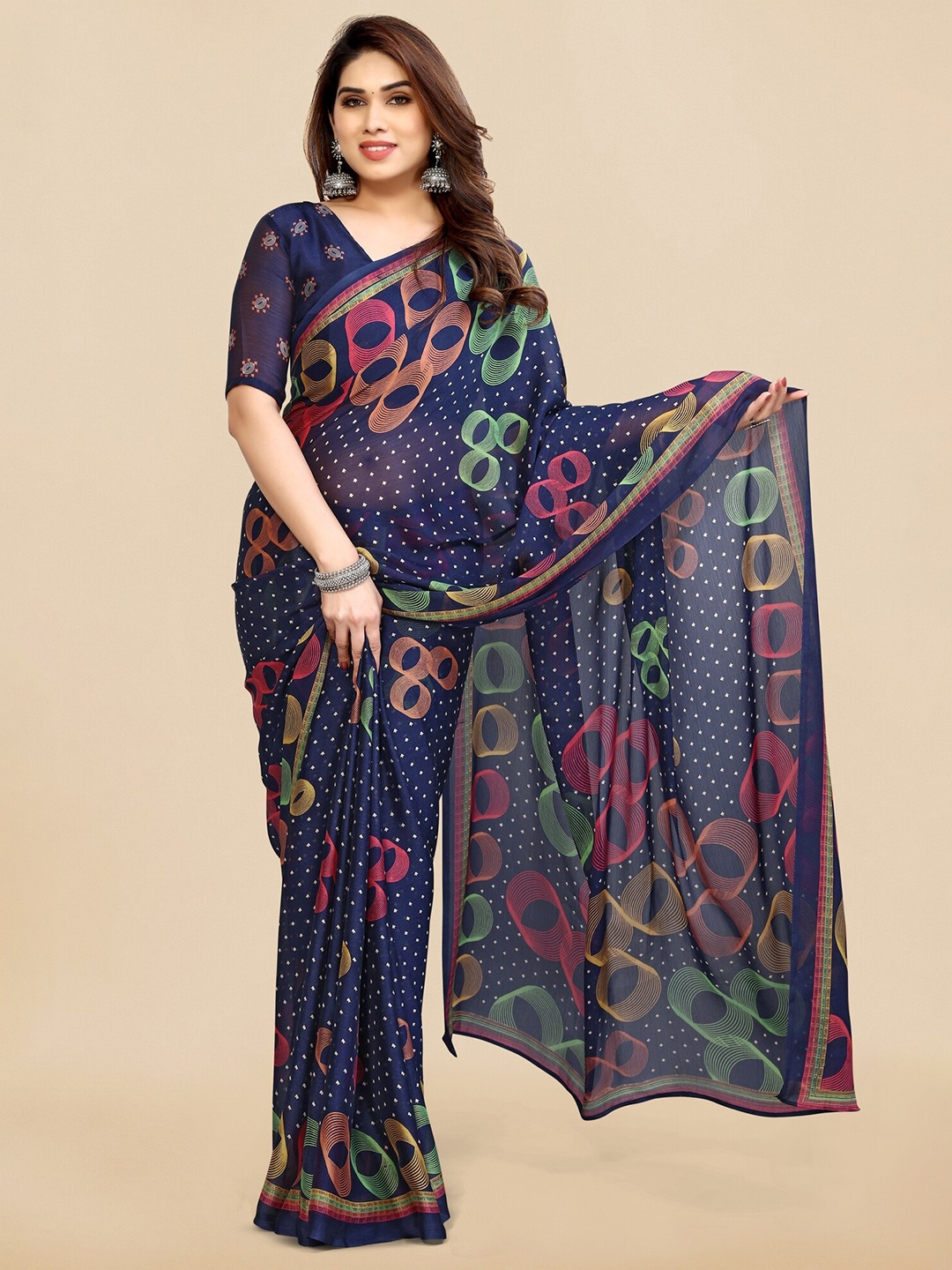 

KALINI Geometric Printed Saree, Blue