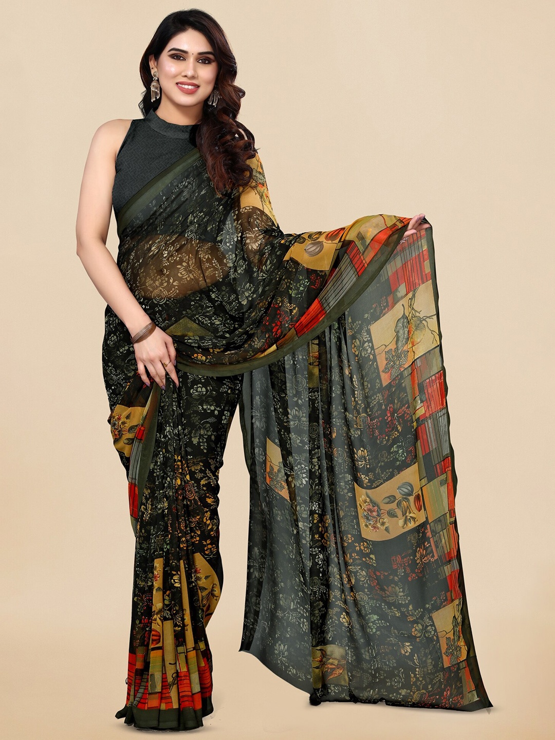 

KALINI Floral Printed Saree, Olive