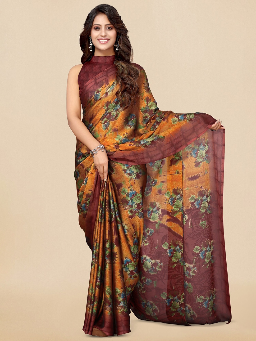 

KALINI Floral Printed Saree, Rust