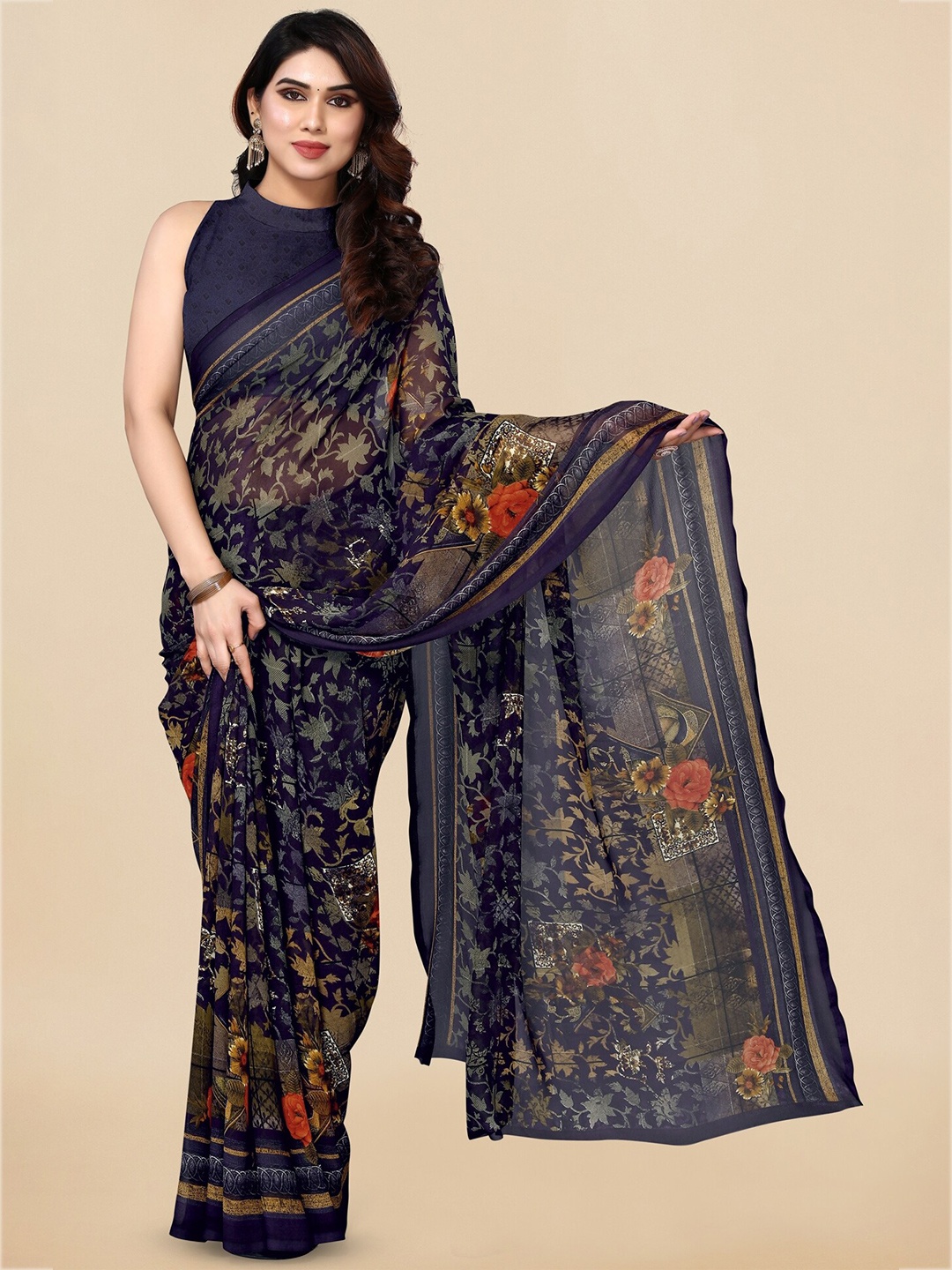 

KALINI Floral Printed Poly Georgette Saree, Black